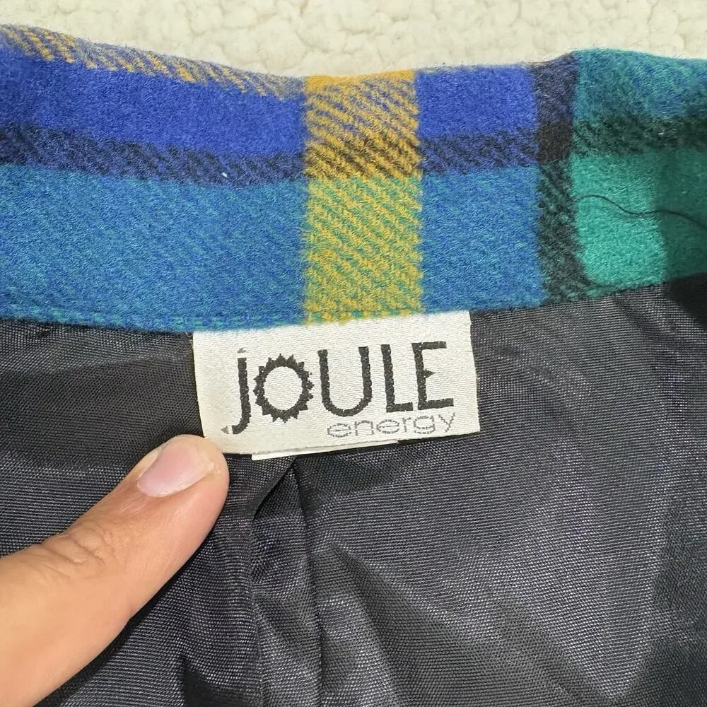 Joule Energy Vintage Plaid Boyfriend‎ Blazer Sz M Blue Green Yellow Long Pockets